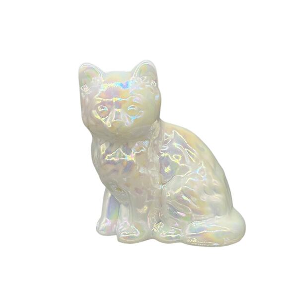 Mosser White Milk Glass Opalescent Shimmer Sitting Cat Pose 3.25"